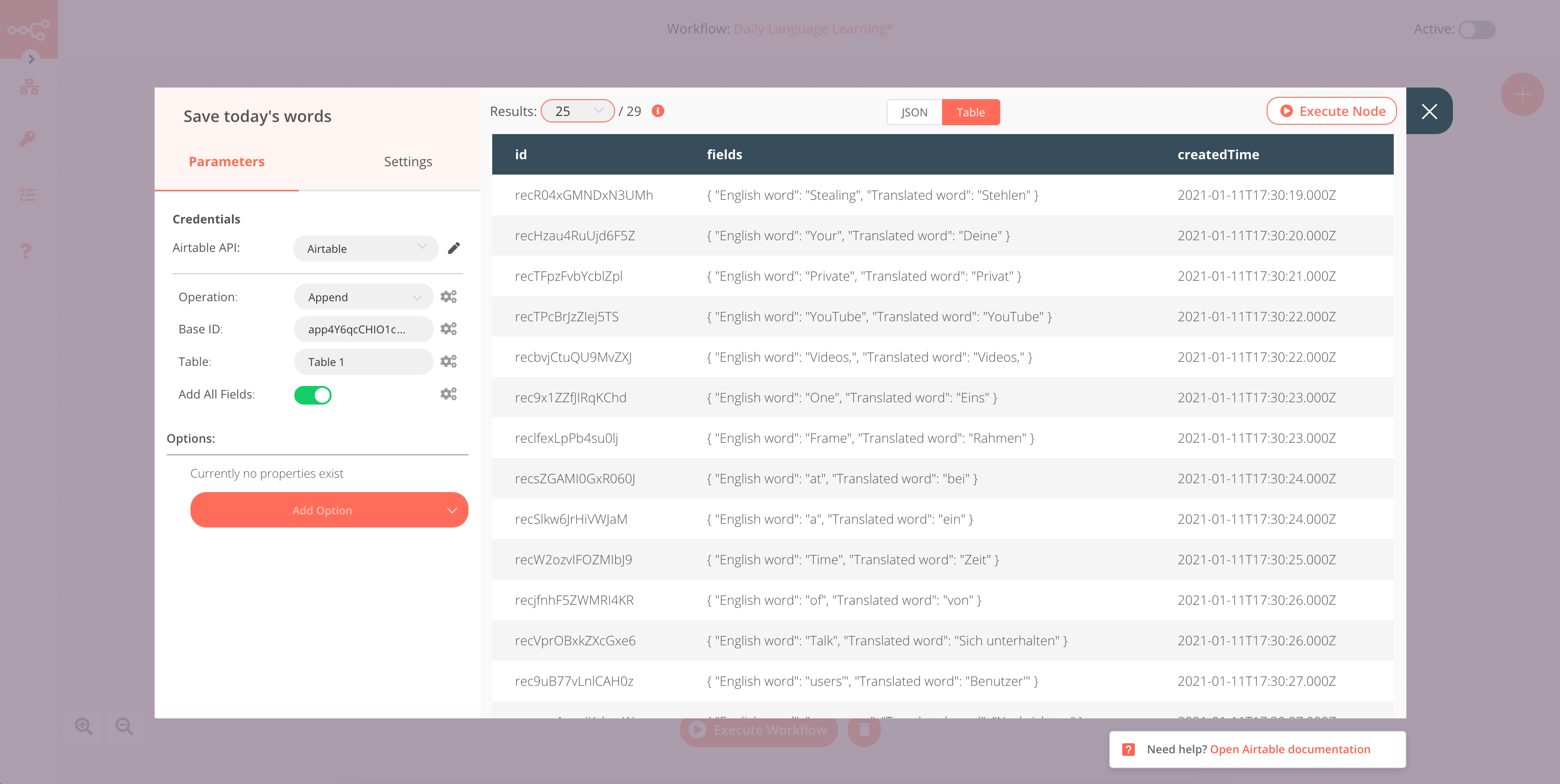 Airtable Node for Saving the Vocabulary