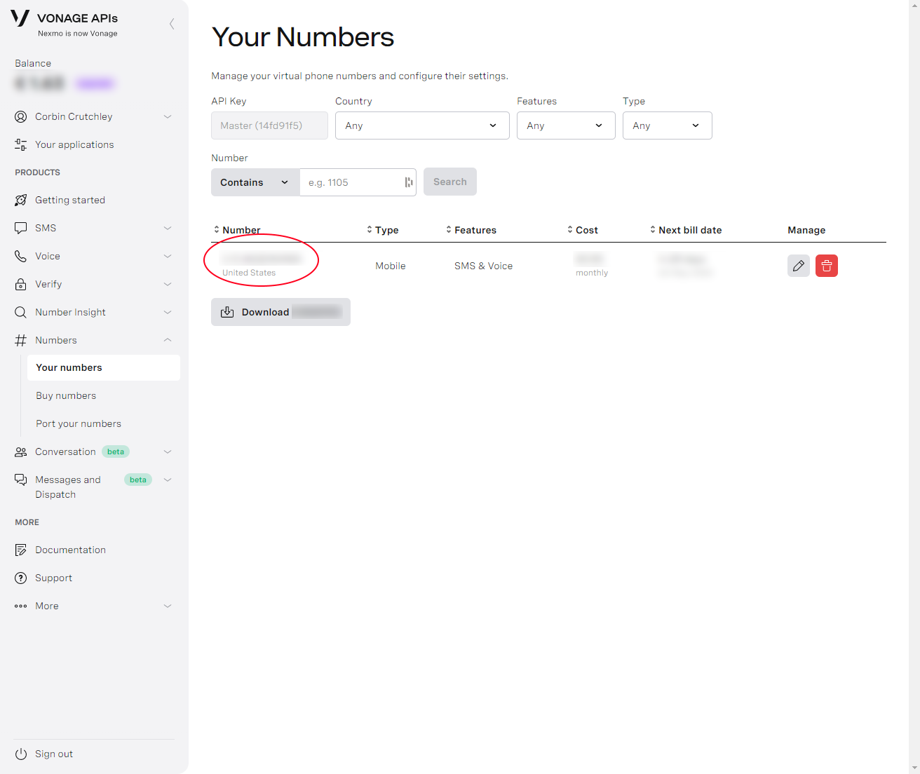 The numbers tab in the Vonage dashboard with the number area highlighted