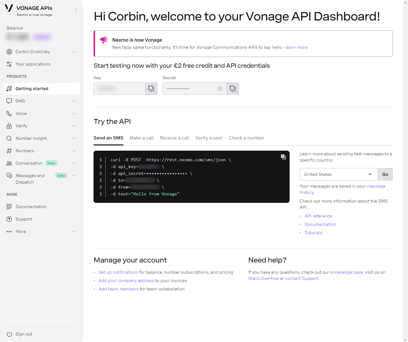 The Vonage dashboard showing the API secrets