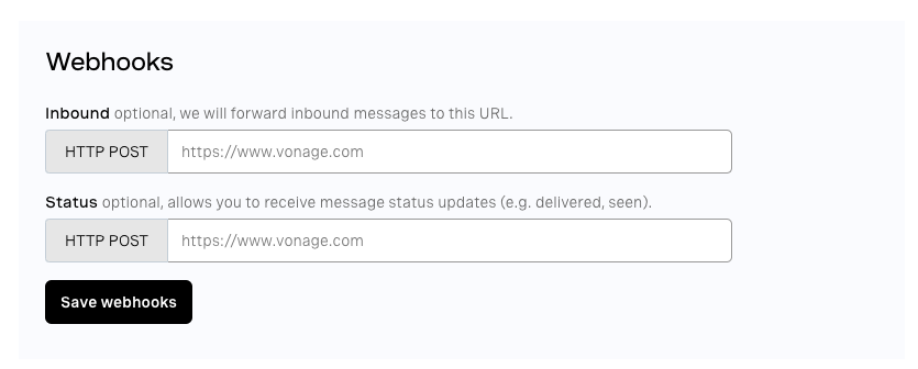 Webhooks section on the Sandbox page of the Vonage Dashboard