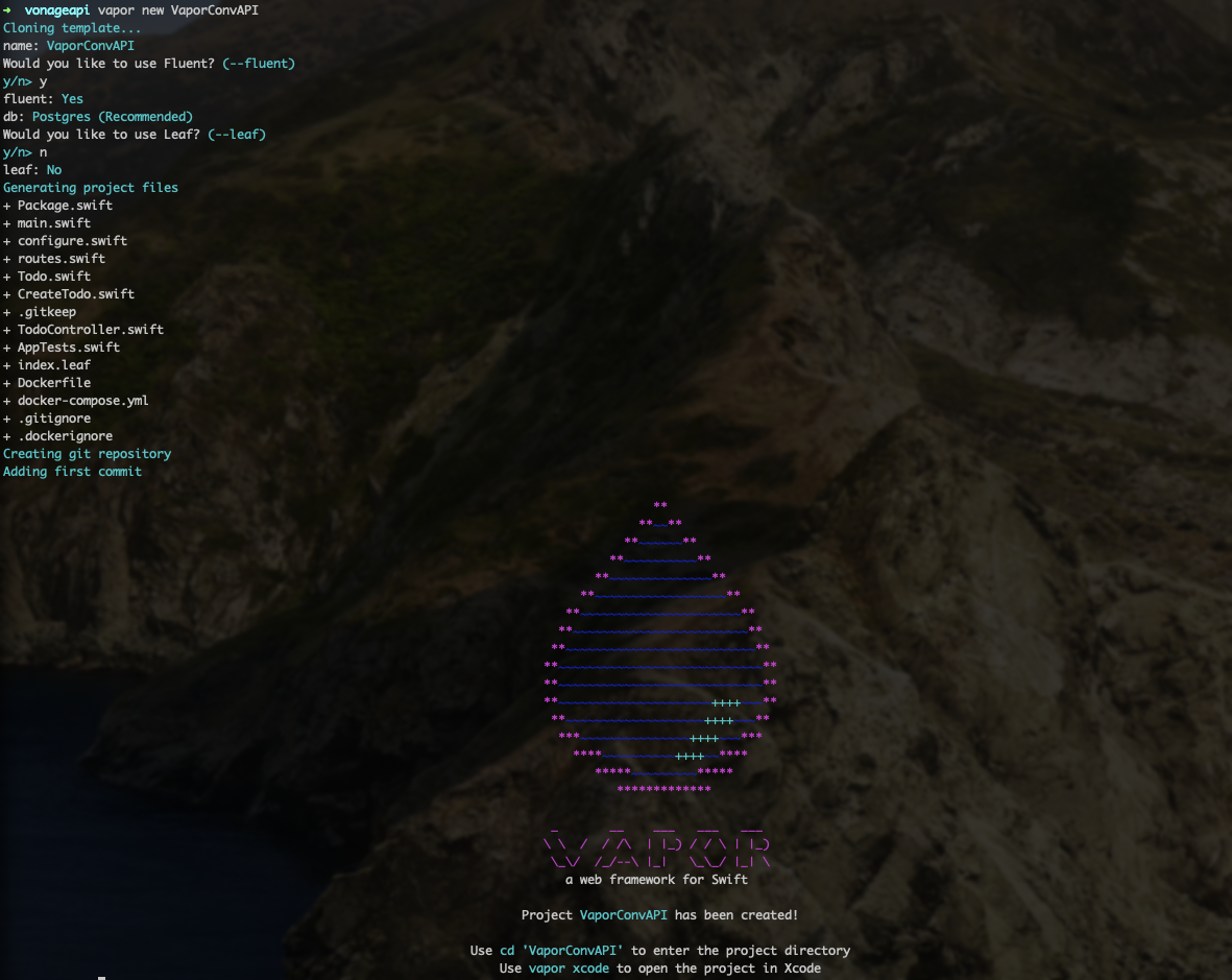 Vapor project setup terminal output