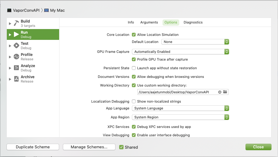 Setting custom working directory