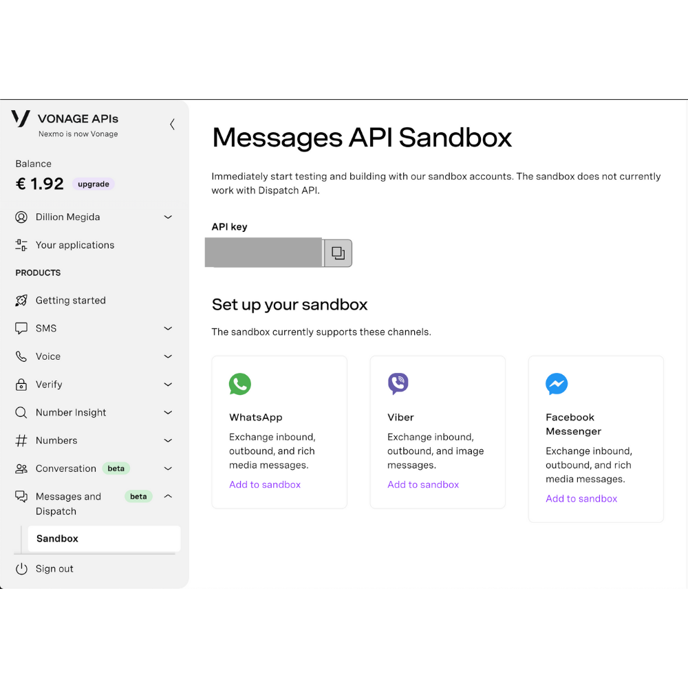 Vonage Developer dashboard for setting up a sandbox