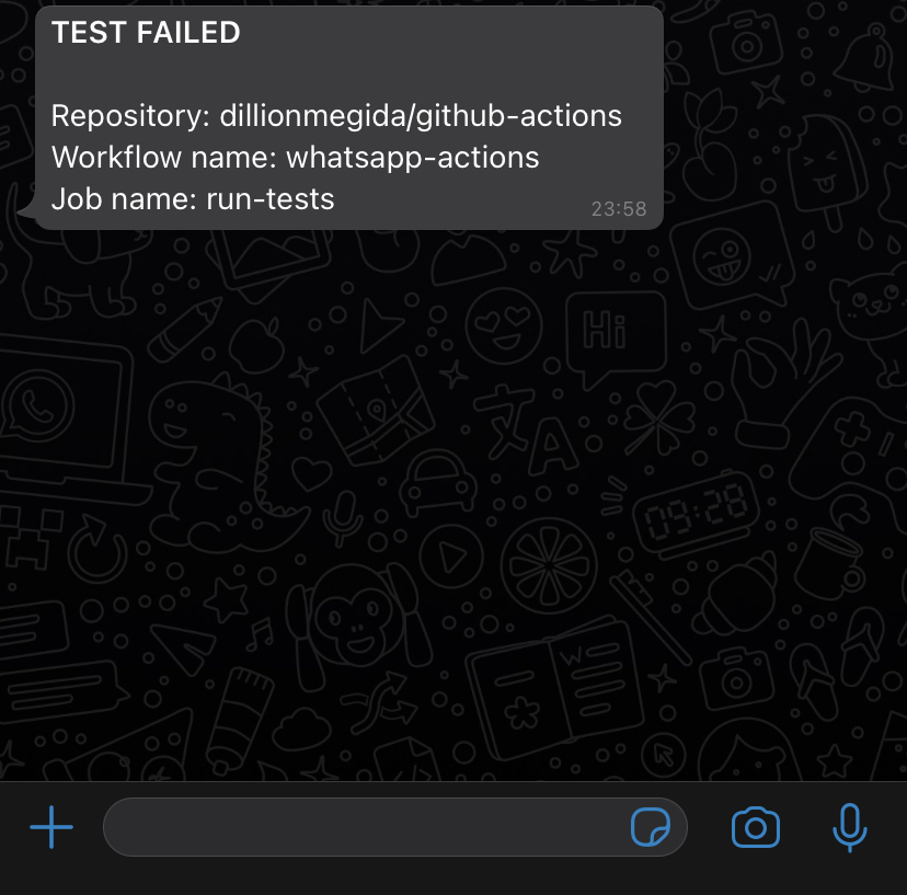 Screenshot of WhatsApp message sent to a whitelisted number