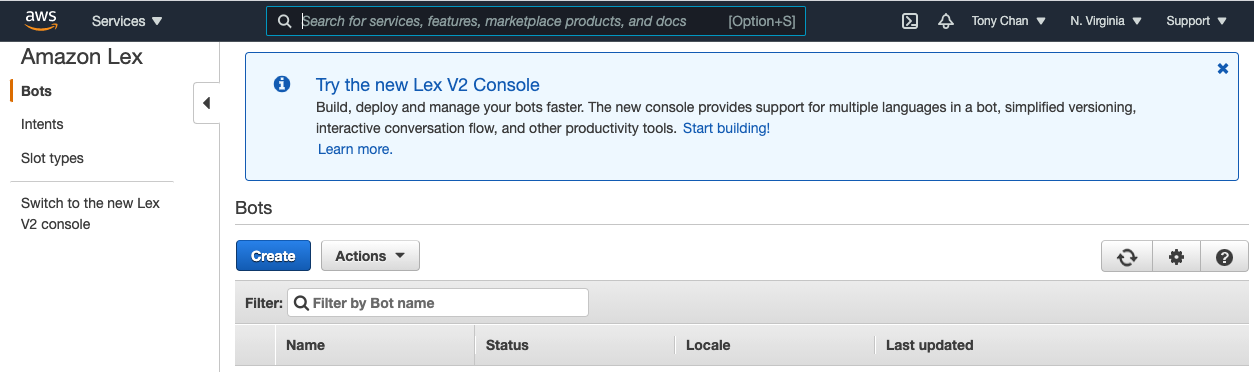 The Amazon Lex service dashboard