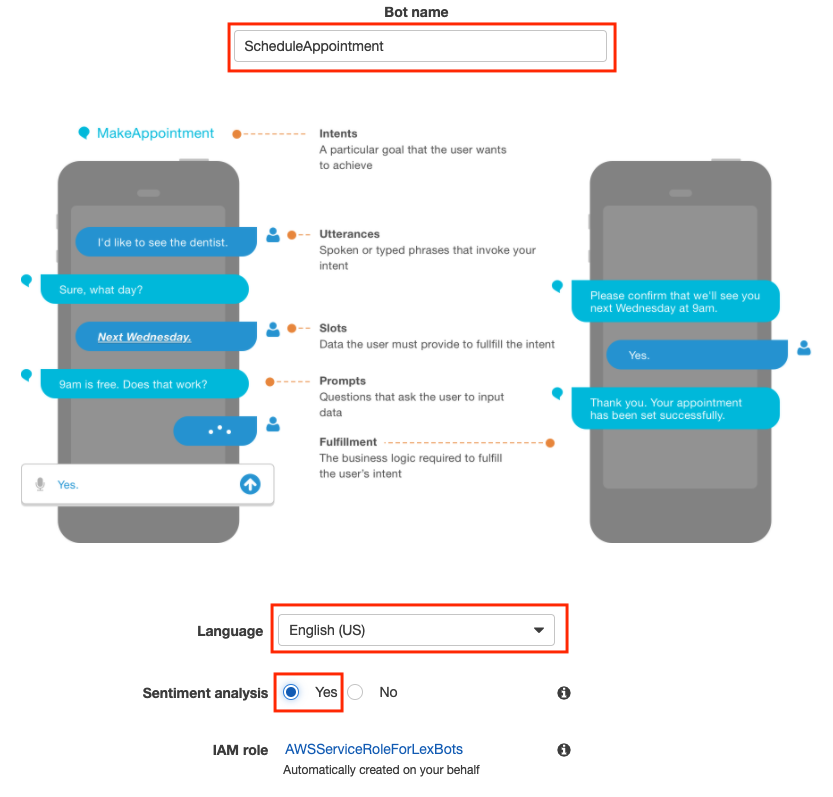 The Lex bot setup screen from Amazon Web Services