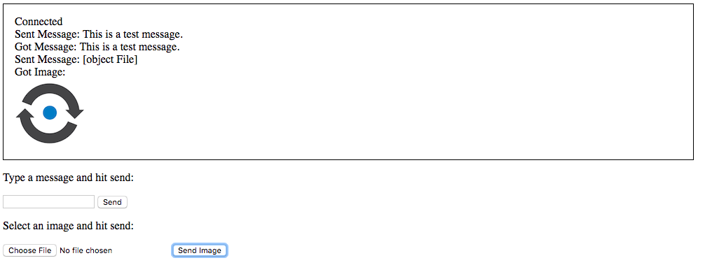 Sample JavaScript-enabled client showing a text and binary message echoed back