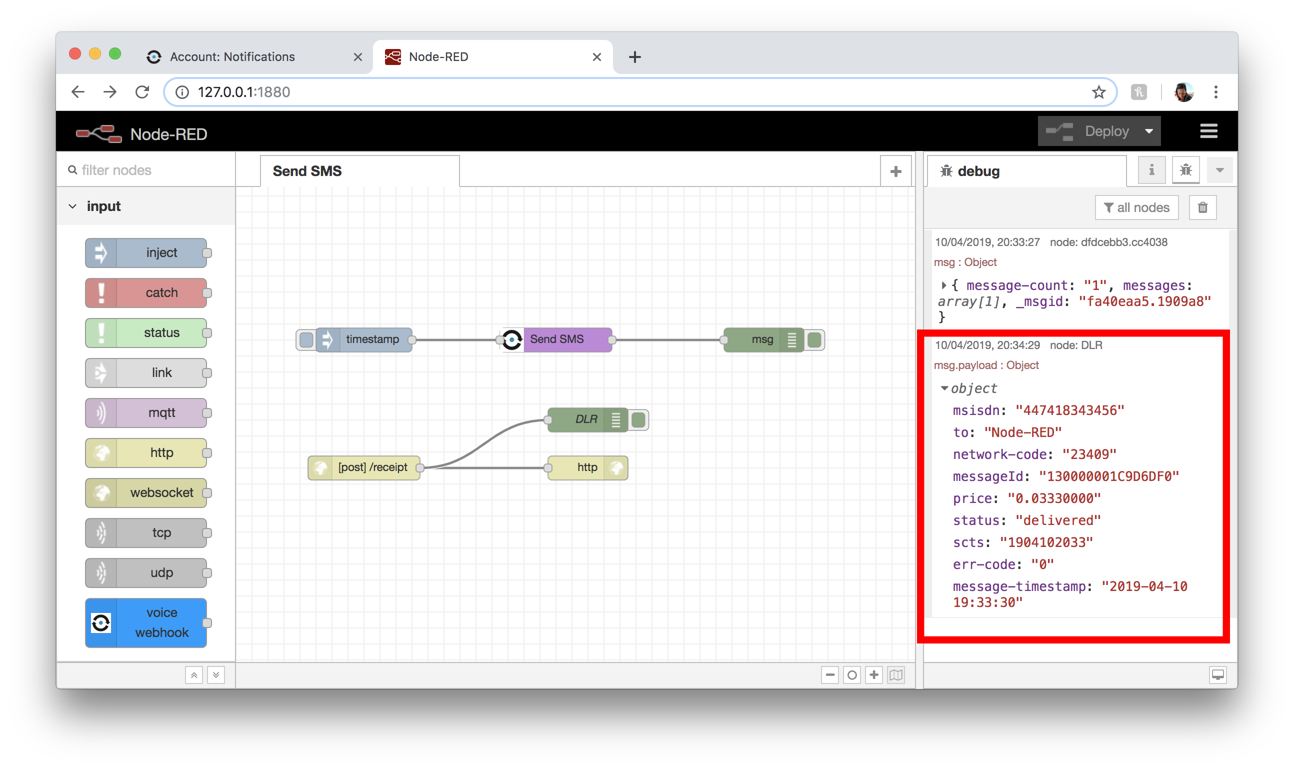 Delivery receipt in debug sidebar