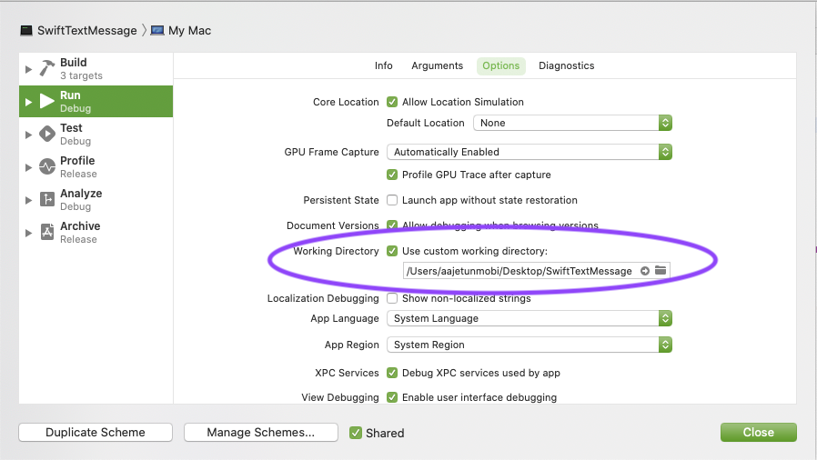 Setting custom working directory