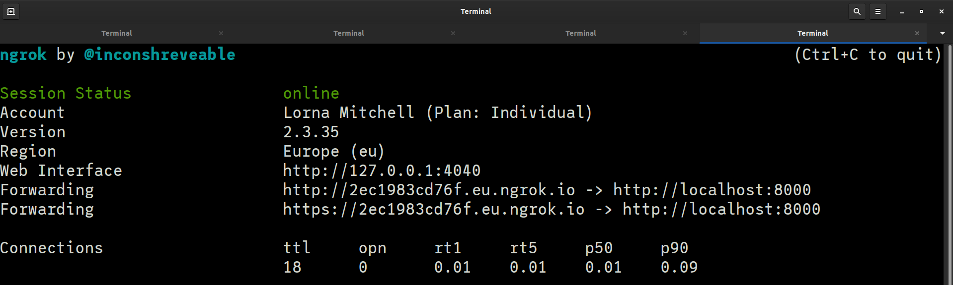 Ngrok running nicely in the terminal