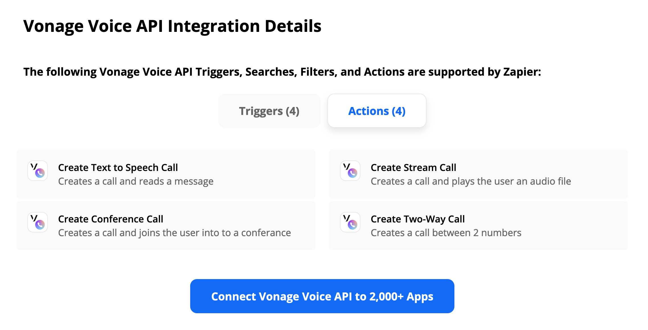 Screenshot featuring the Vonage Voice API actions in Zapier