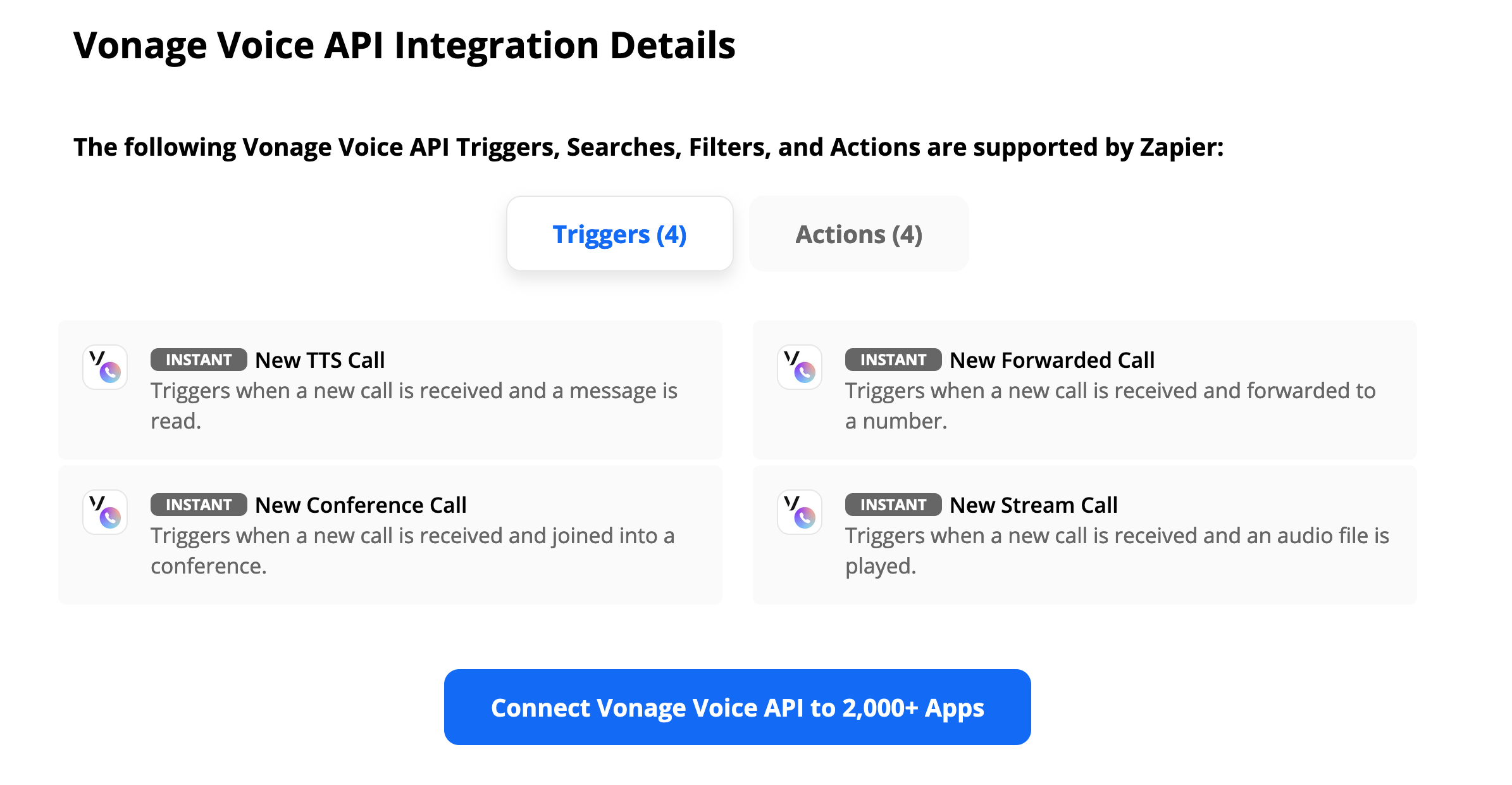 Screenshot featuring the Vonage Voice API triggers in Zapier