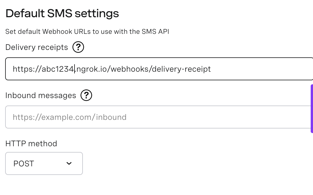 An example of the delivery receipts settings in the Vonage Dashboard