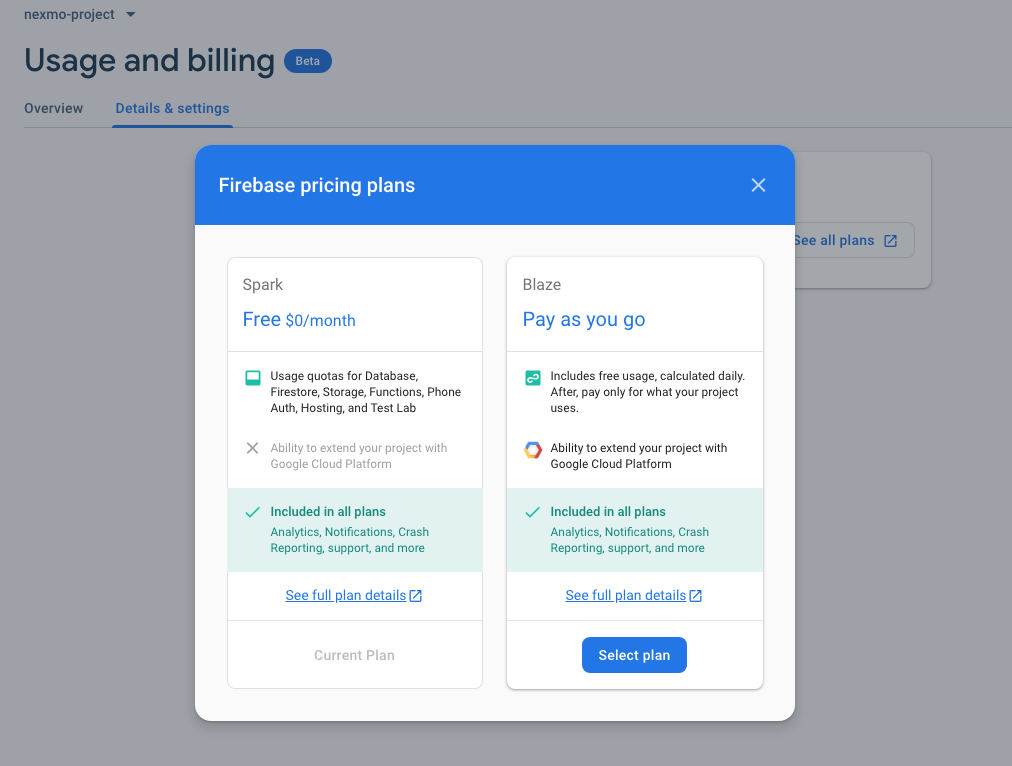 Dialog to select a Firebase Pricing Plan