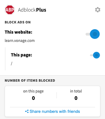 Screenshot of AdBlock Plus ignoring the tracker on Vonage Learn