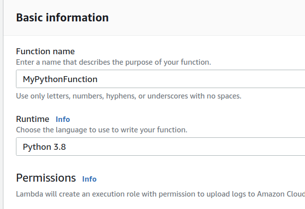 AWS Console Lambda Python Function Creation