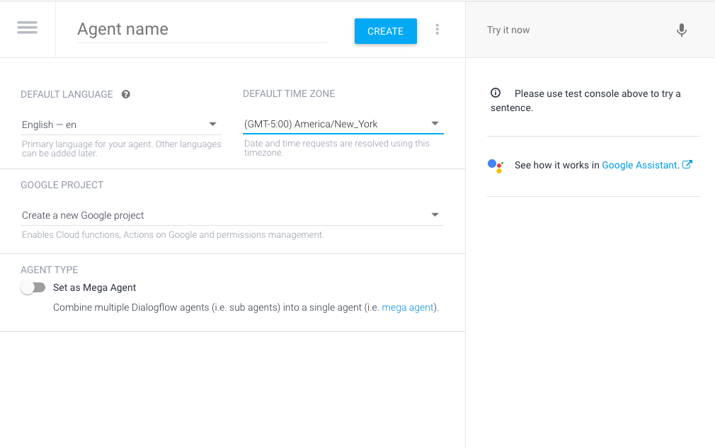 Create Blank Dialogflow Agent