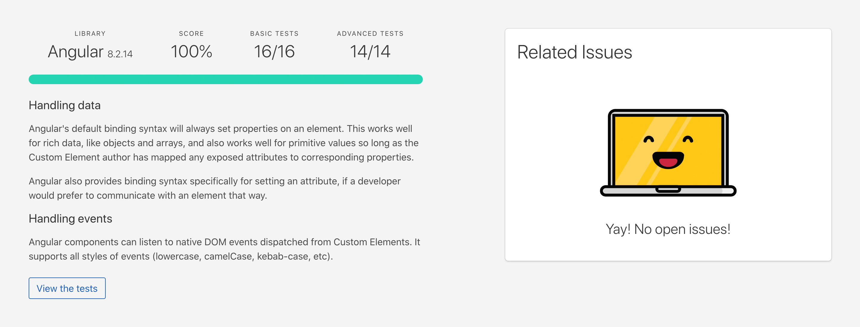 Results of tests Custom Elements Everywhere .com ran on the compatibility of Web Components in an Angular application with descriptions on how Angular handles data and events.