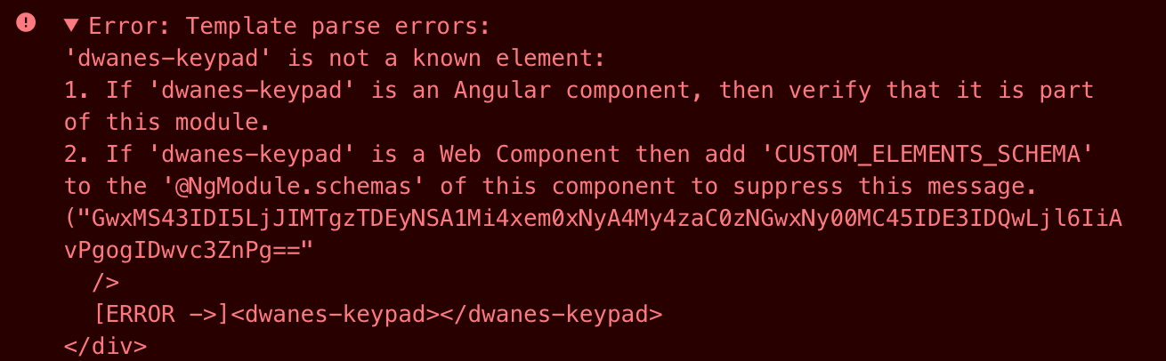 Error when trying to only place a Web Component into an Angular application without some other steps.